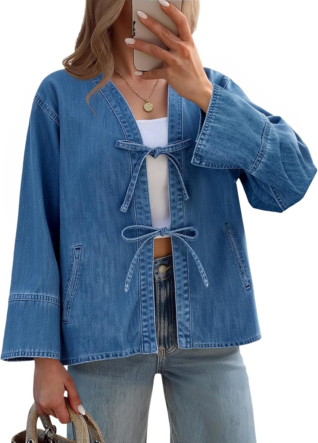 Tankaneo Womens Tie Front Denim Jacket Long Wide Sleeve Loose Fit Bow Jeans Coat Going Out Shacket