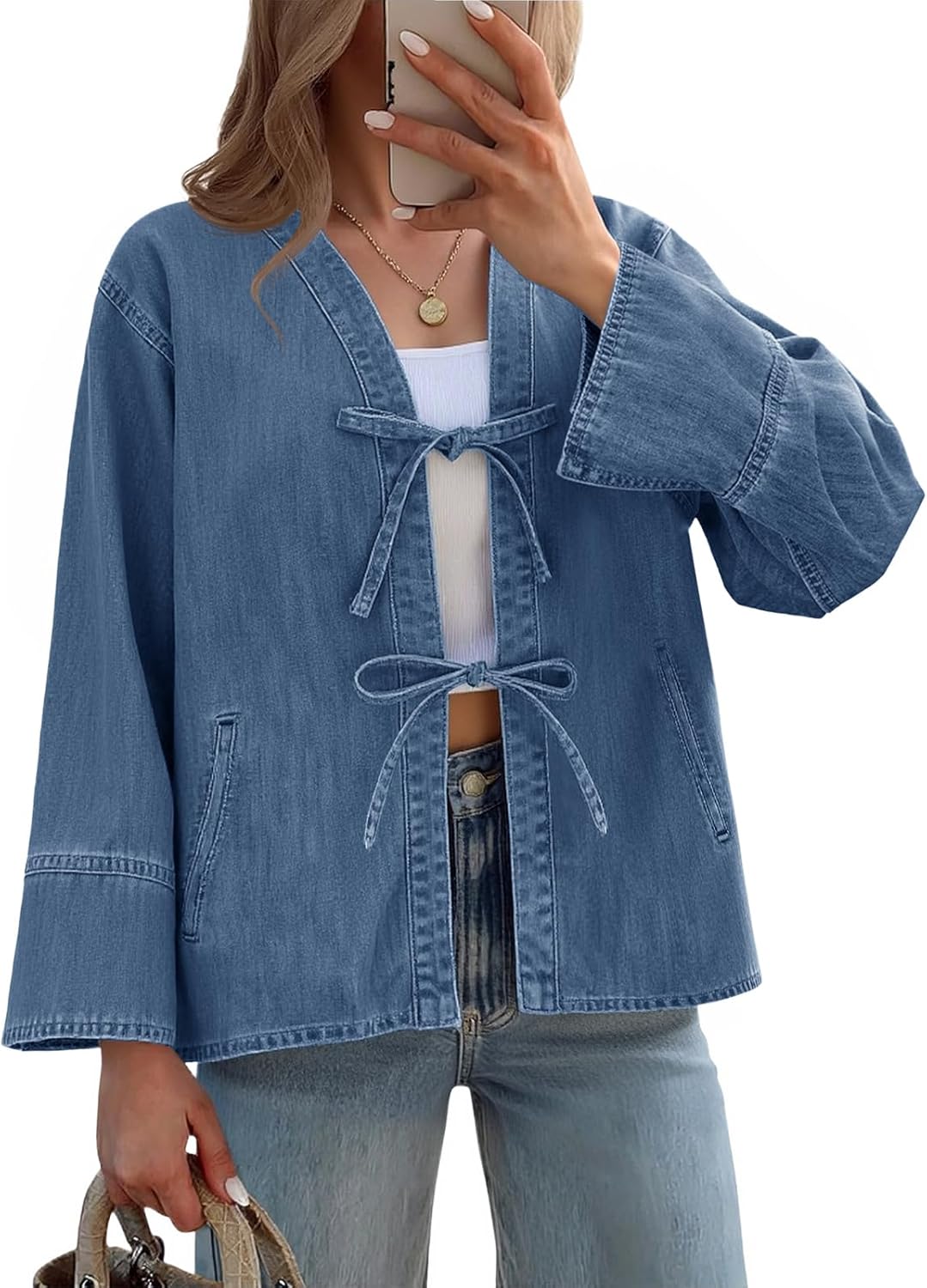 Tankaneo Womens Tie Front Denim Jacket Long Wide Sleeve Loose Fit Bow Jeans Coat Going Out Shacket