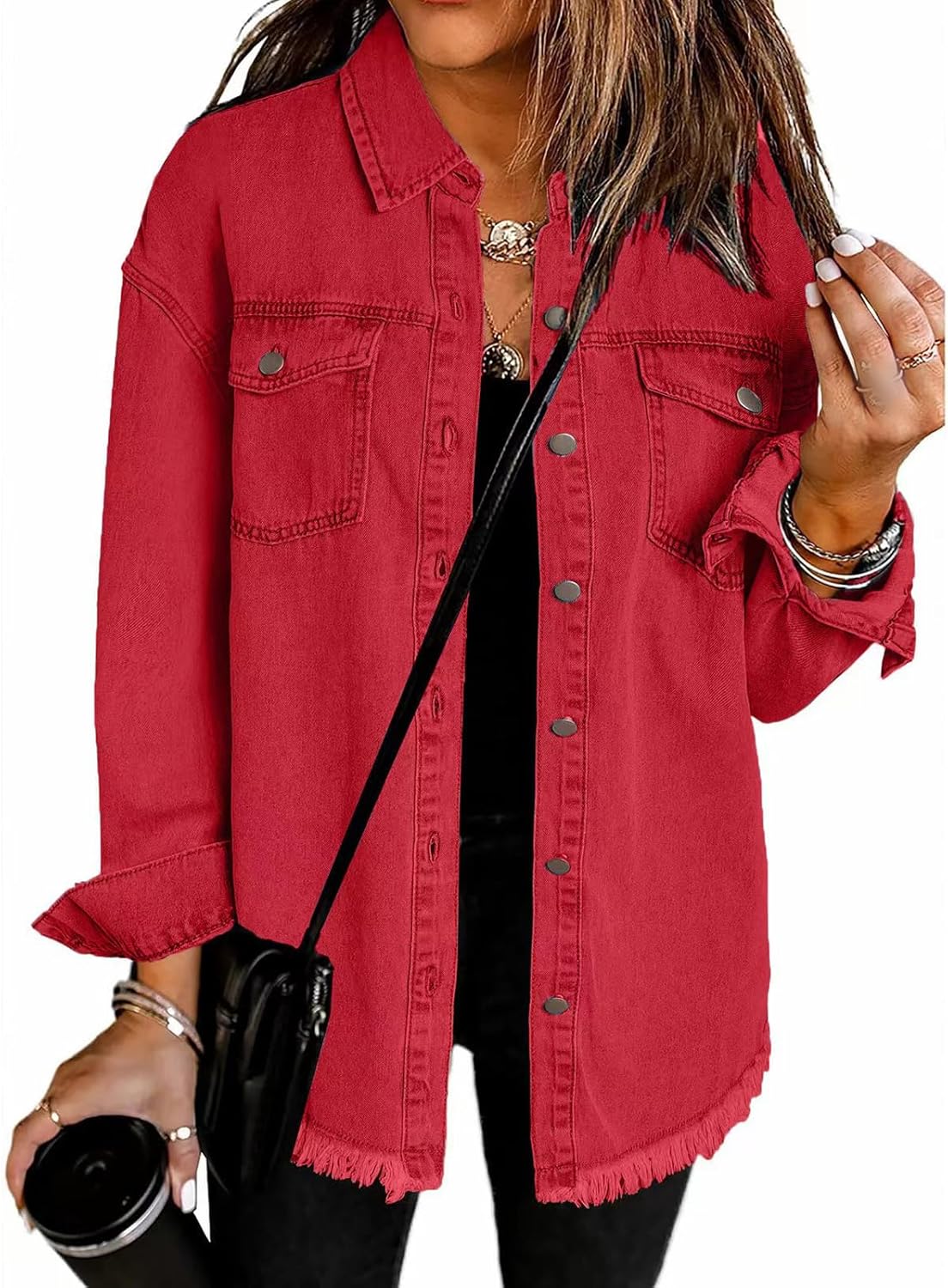 Tednrk Women’s Oversized Denim Jacket Boyfriend Button Down Frayed Hem Shacket Distressed Jean Jackets Fall Outfits