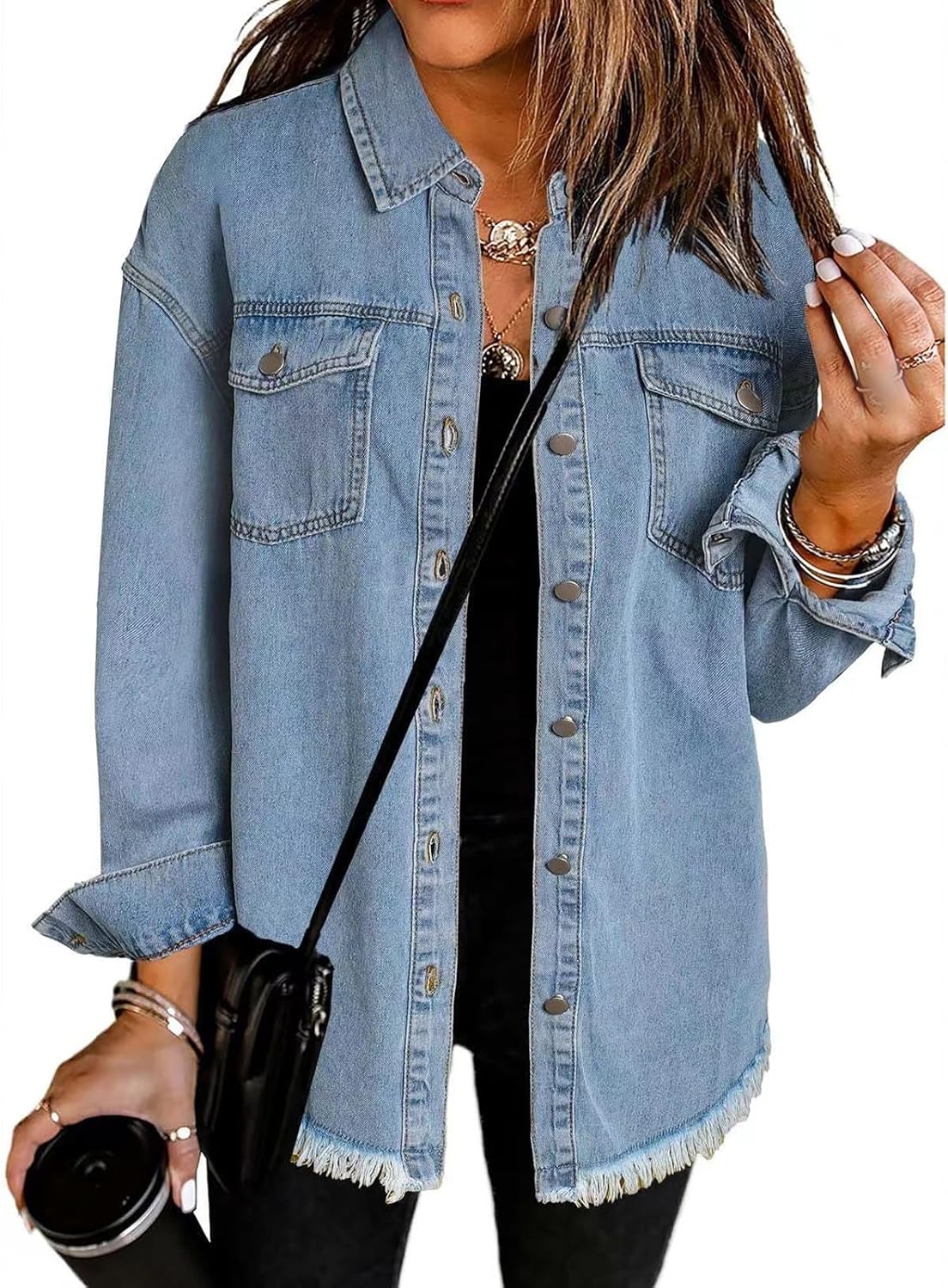 Tednrk Women’s Oversized Denim Jacket Boyfriend Button Down Frayed Hem Shacket Distressed Jean Jackets Fall Outfits