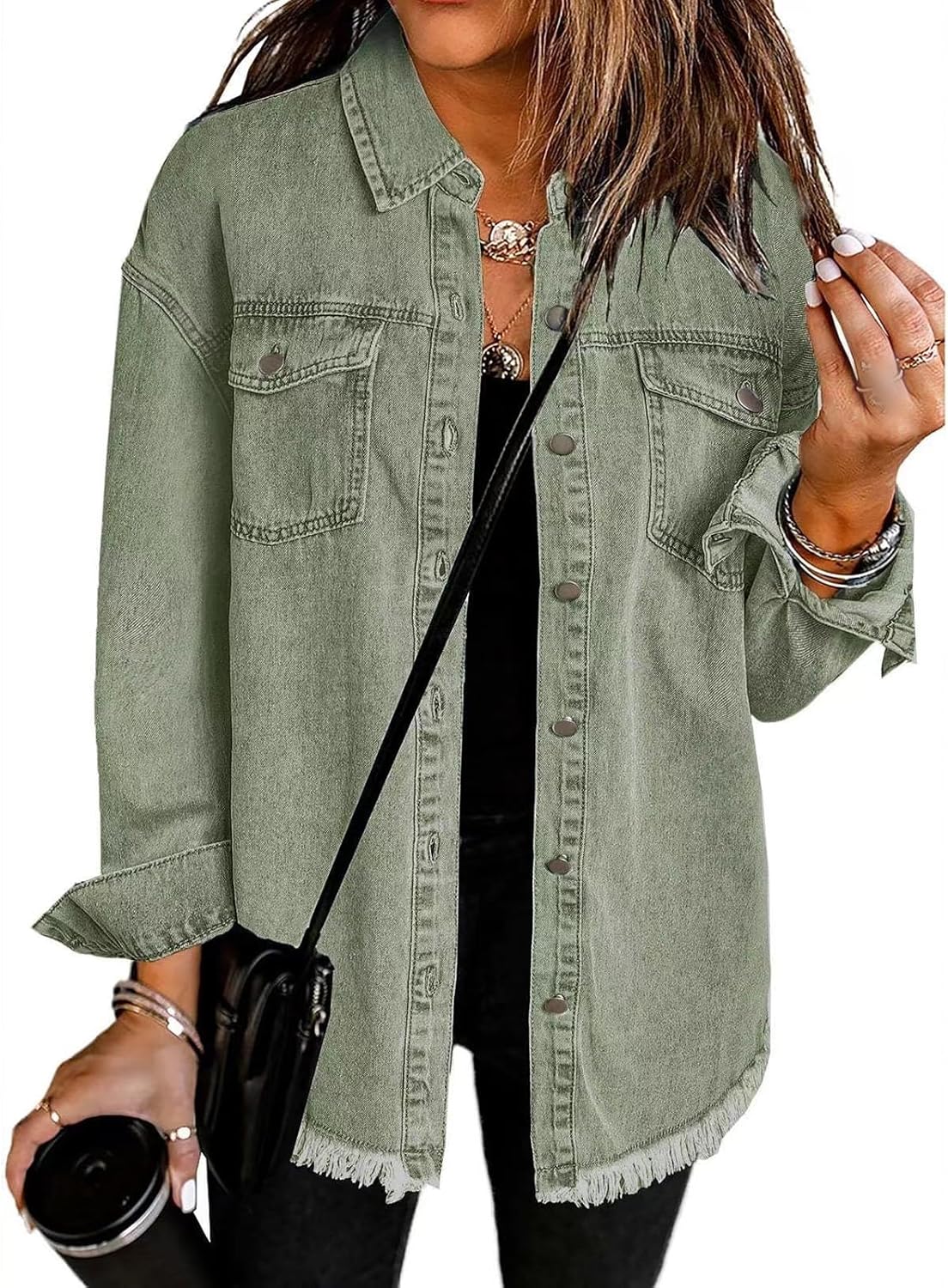 Tednrk Women’s Oversized Denim Jacket Boyfriend Button Down Frayed Hem Shacket Distressed Jean Jackets Fall Outfits