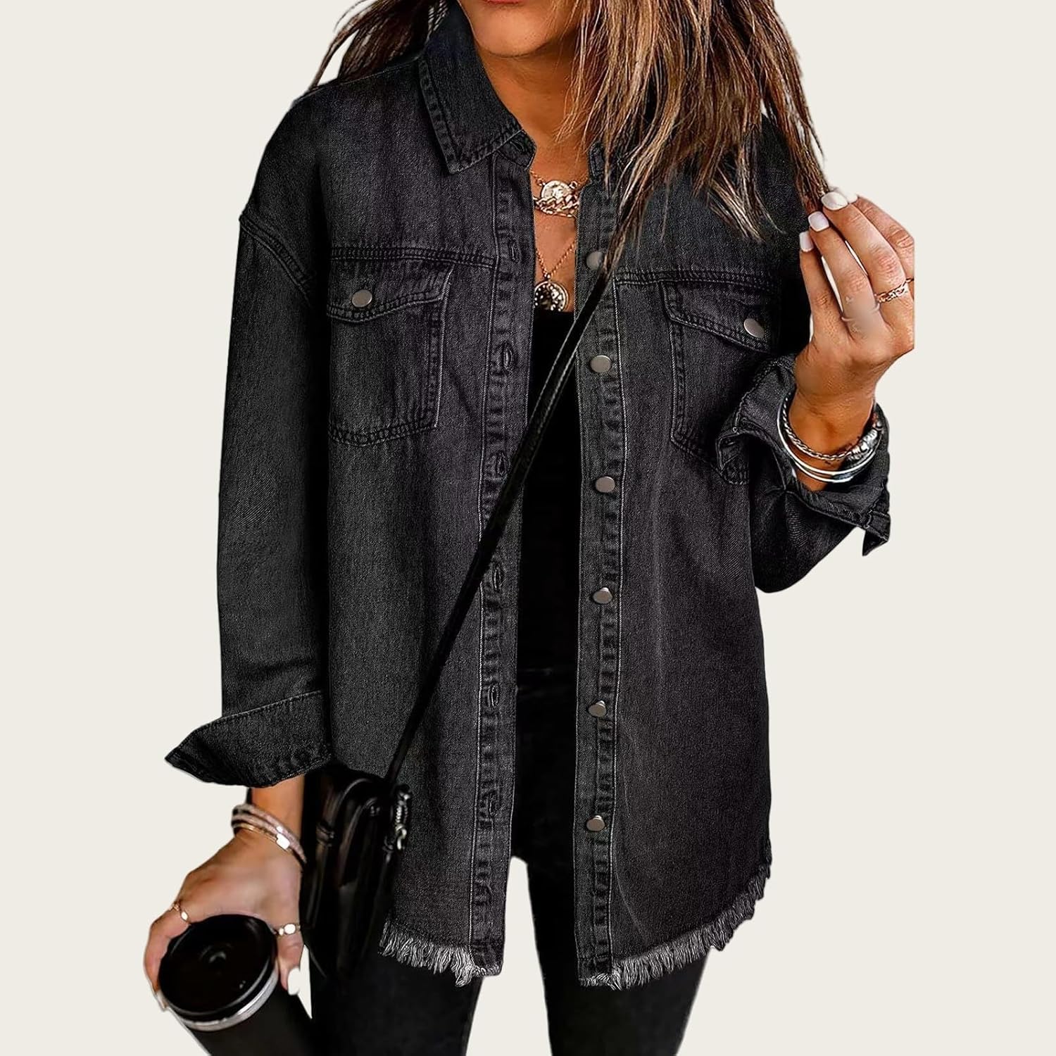 Tednrk Womens Oversized Denim Jacket Casual Long Boyfriend Button Down Distressed Jean Jacket Fall Shacket Jacket