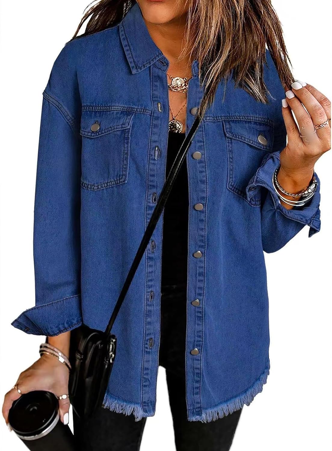 Tednrk Womens Oversized Denim Jacket Casual Long Boyfriend Button Down Distressed Jean Jacket Fall Shacket Jacket