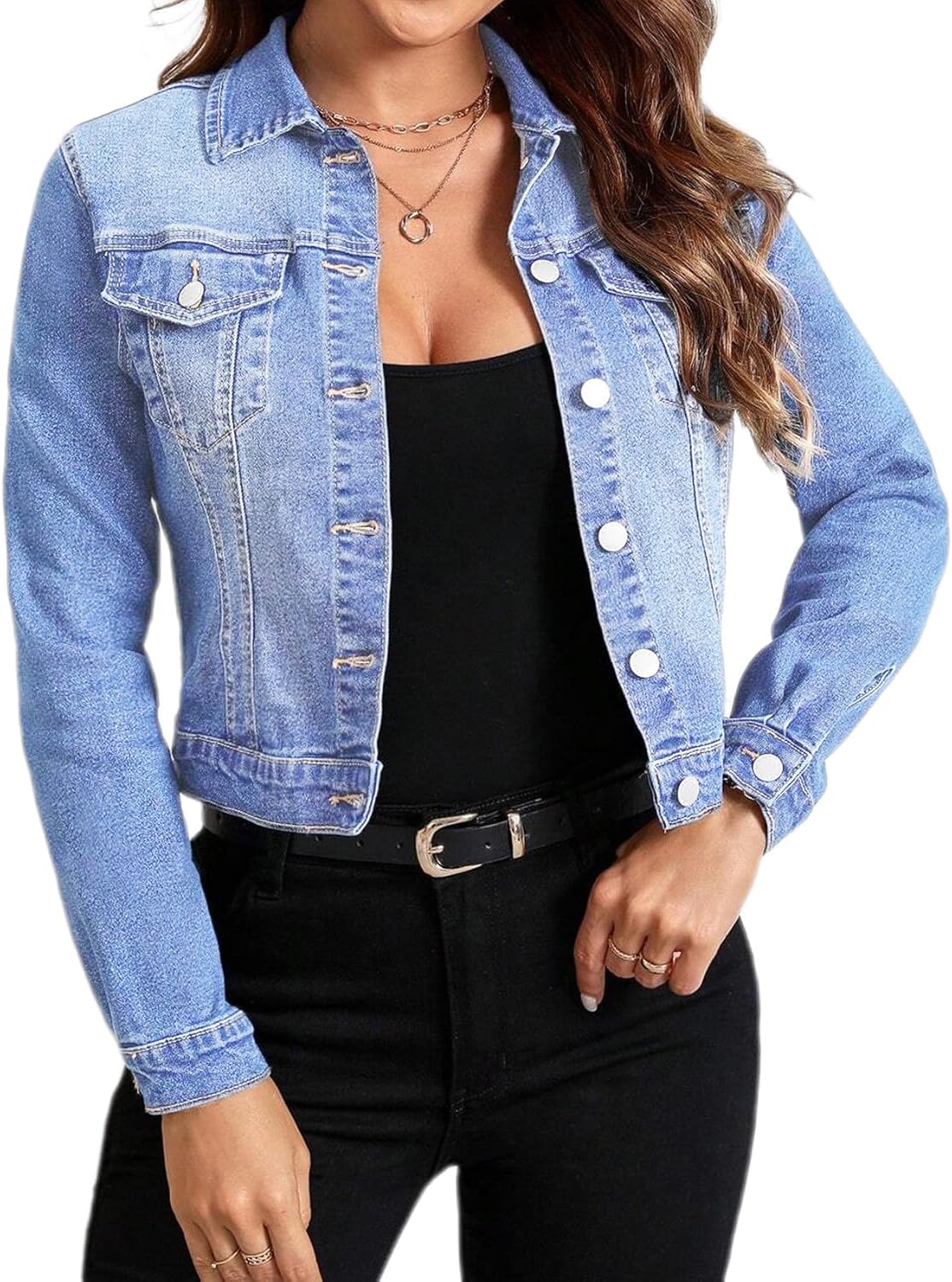 Tegmow Women Trendy Jean Jacket Stretchy Cropped Denim Jacket Long Sleeve Button Down Denim Coat