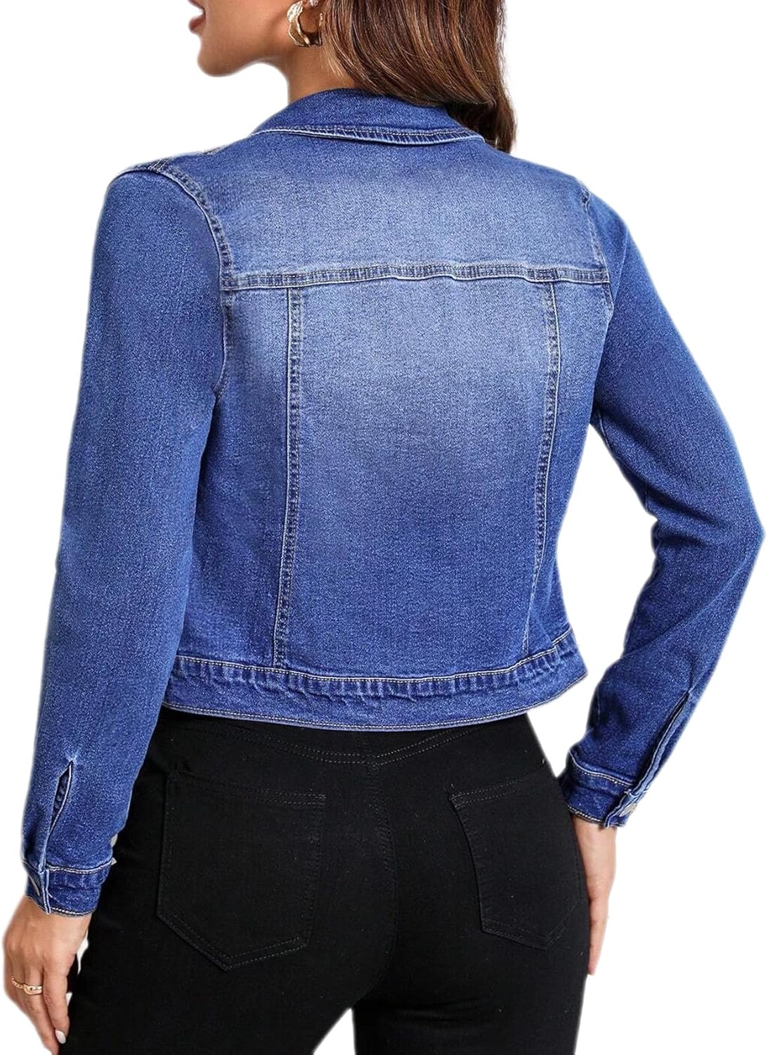 Tegmow Women Trendy Jean Jacket Stretchy Cropped Denim Jacket Long Sleeve Button Down Denim Coat