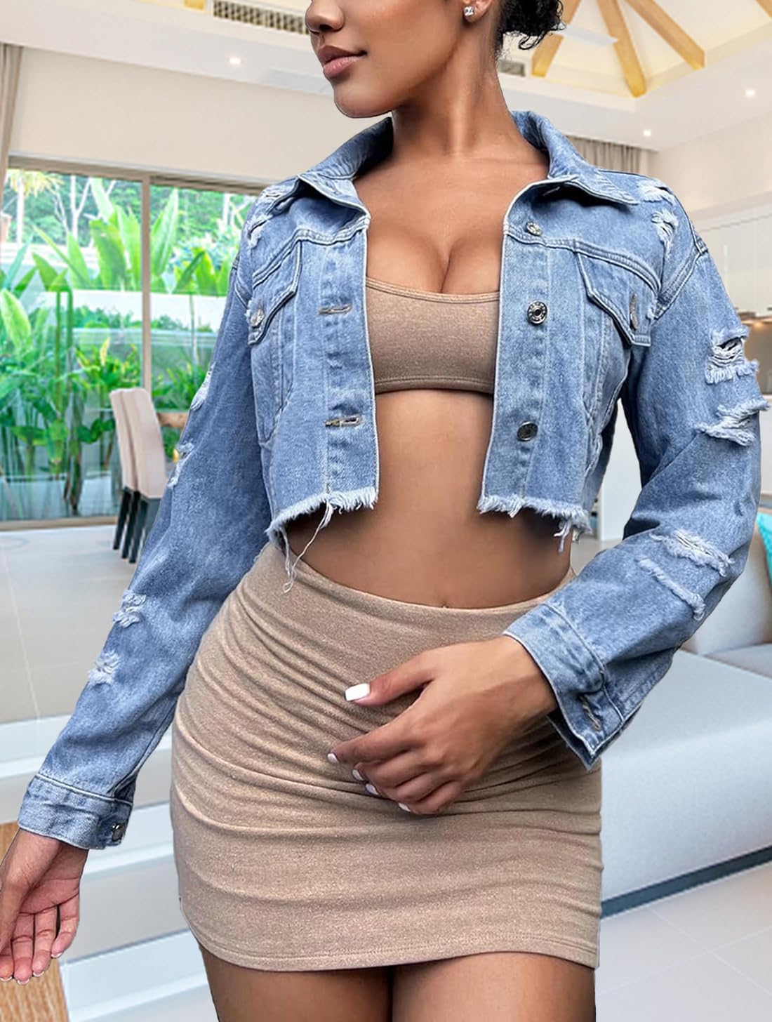 TodTan Women’s Cropped Jean Denim Jackets – Distressed Frayed Hem Button Down Long Sleeve Casual Jacket Coat