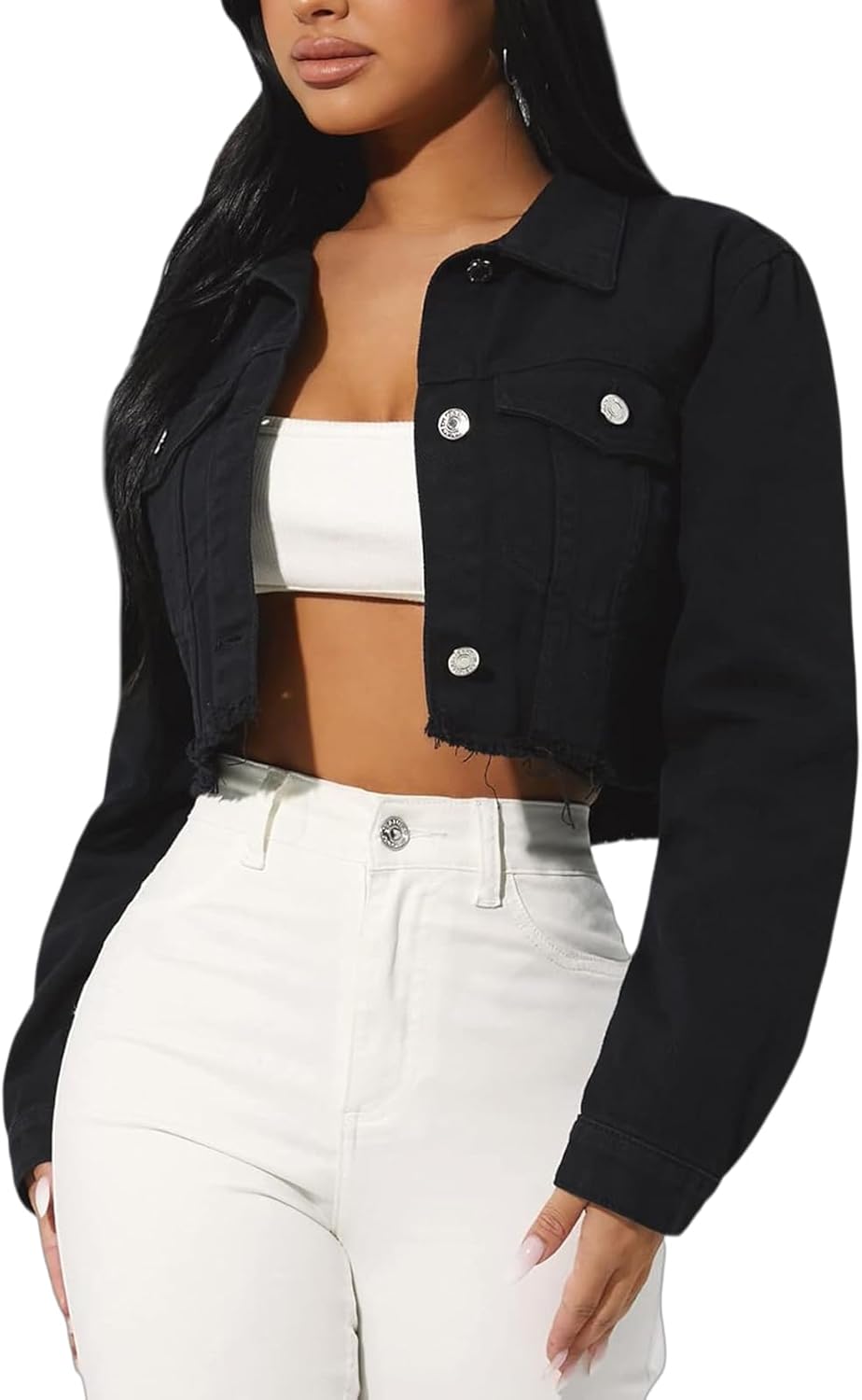 TodTan Women’s Cropped Jean Denim Jackets – Distressed Frayed Hem Button Down Long Sleeve Casual Jacket Coat