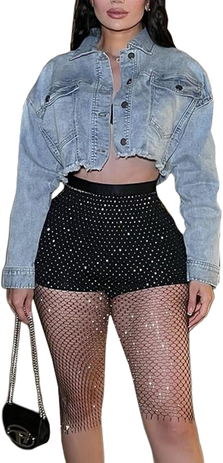 TodTan Women’s Cropped Jean Denim Jackets – Distressed Frayed Hem Button Down Long Sleeve Casual Jacket Coat