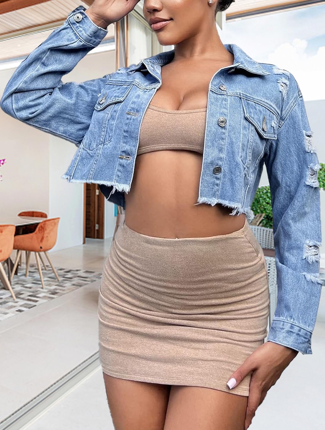 TodTan Women’s Cropped Jean Denim Jackets – Distressed Frayed Hem Button Down Long Sleeve Casual Jacket Coat