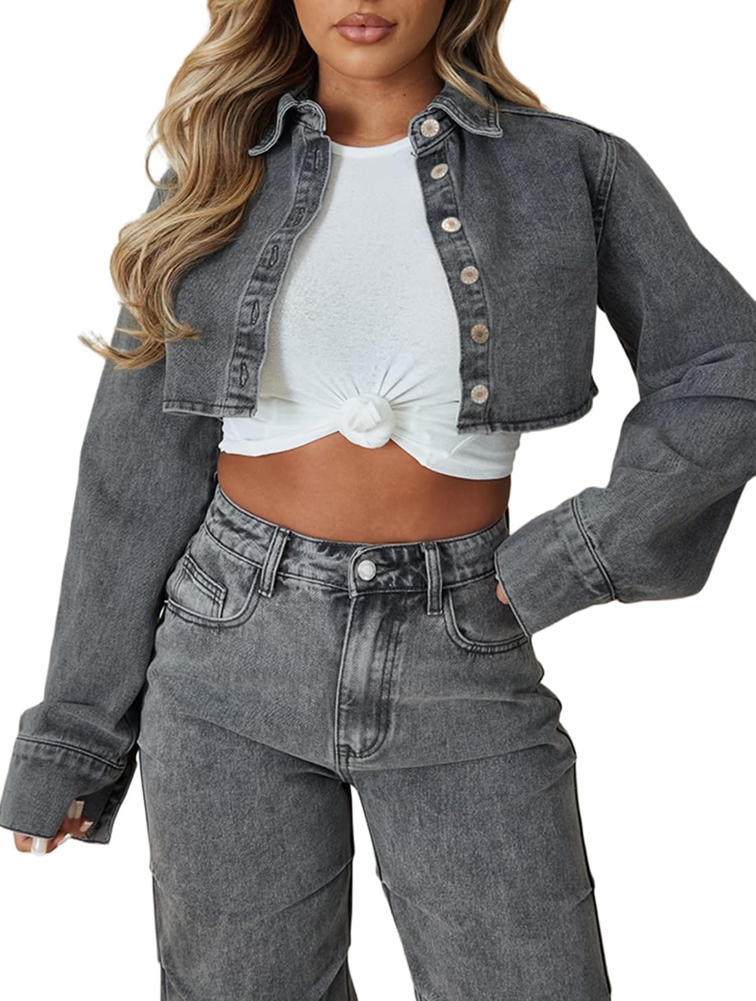 TodTan Women’s Cropped Jean Denim Jackets – Distressed Frayed Hem Button Down Long Sleeve Casual Jacket Coat