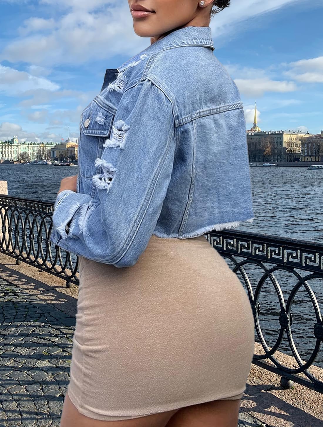 TodTan Women’s Cropped Jean Denim Jackets – Distressed Frayed Hem Button Down Long Sleeve Casual Jacket Coat