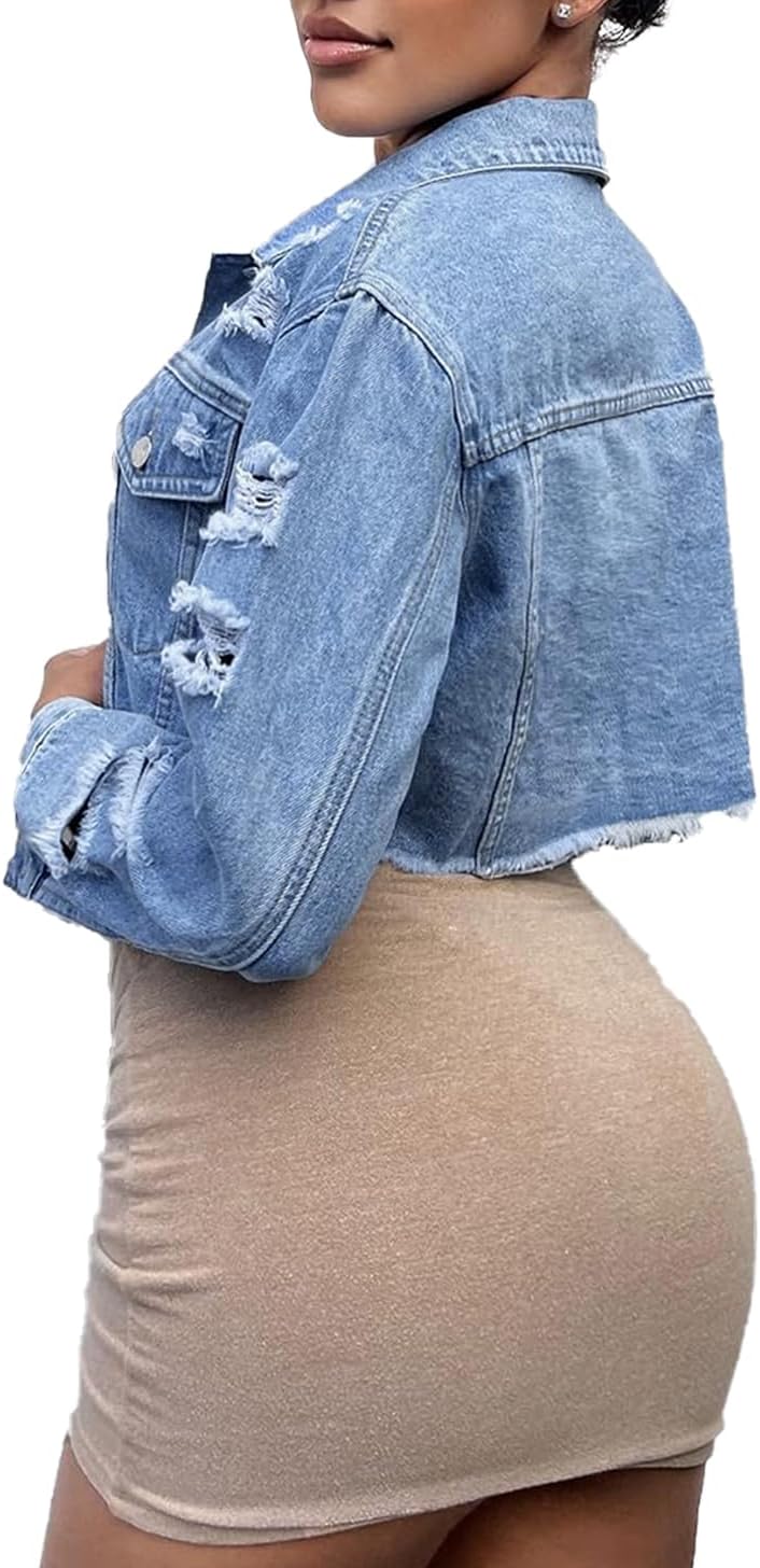 TodTan Women’s Cropped Jean Denim Jackets – Distressed Frayed Hem Button Down Long Sleeve Casual Jacket Coat