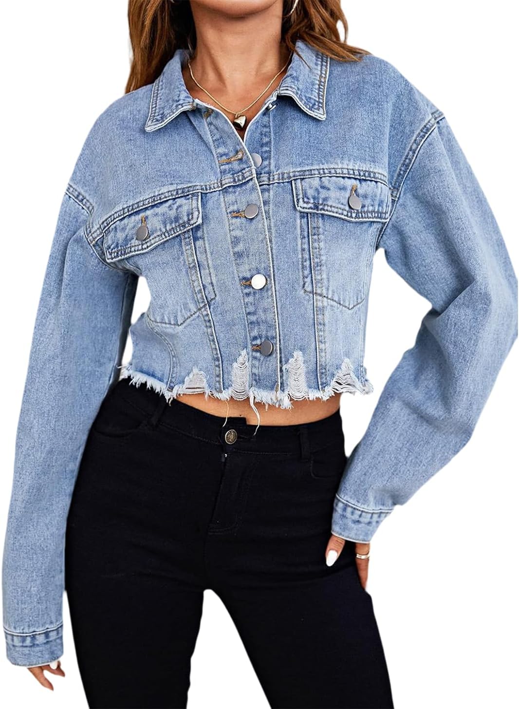 TodTan Women’s Cropped Jean Denim Jackets – Distressed Frayed Hem Button Down Long Sleeve Casual Jacket Coat