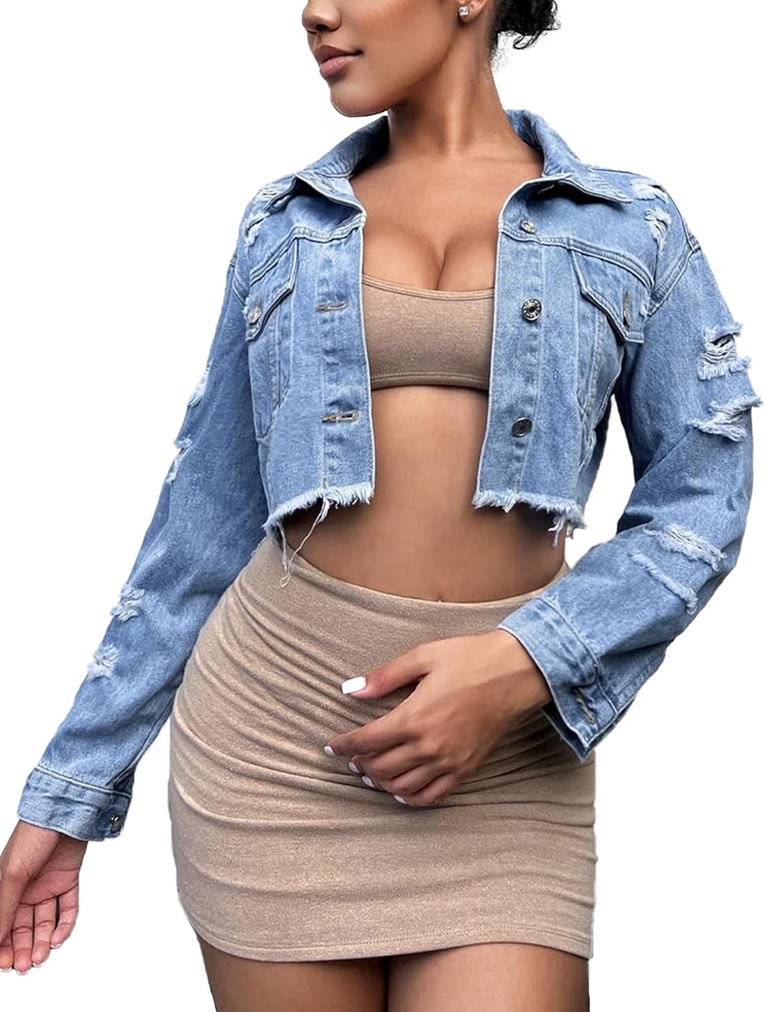 TodTan Women’s Cropped Jean Denim Jackets – Distressed Frayed Hem Button Down Long Sleeve Casual Jacket Coat