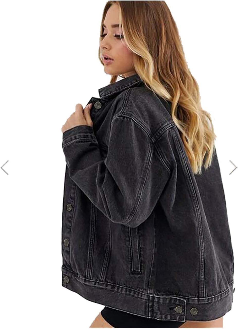 Tsher Women’s Oversize Vintage Washed Denim Jacket Long Sleeve Classic Loose Jean Trucker Jacket D003