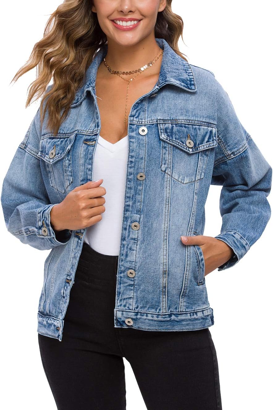 Tsher Women’s Oversize Vintage Washed Denim Jacket Long Sleeve Classic Loose Jean Trucker Jacket D003