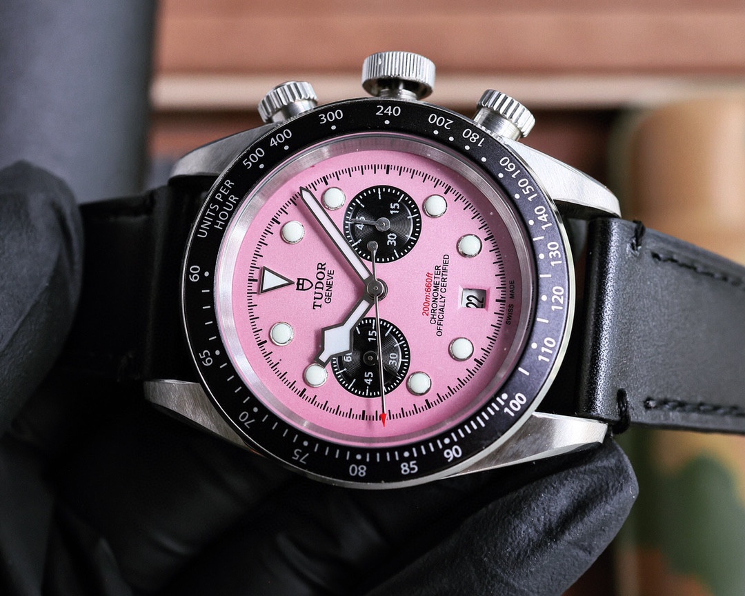 Tudor Pink Dial Chrono - Black Leather Strap Watch - Image 2
