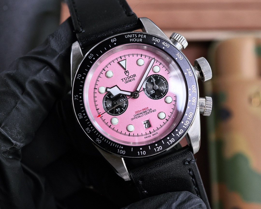 Tudor Pink Dial Chrono - Black Leather Strap Watch - Image 6