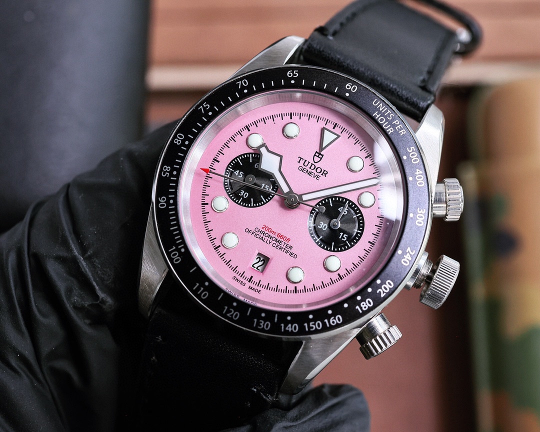 Tudor Pink Dial Chrono - Black Leather Strap Watch - Image 4