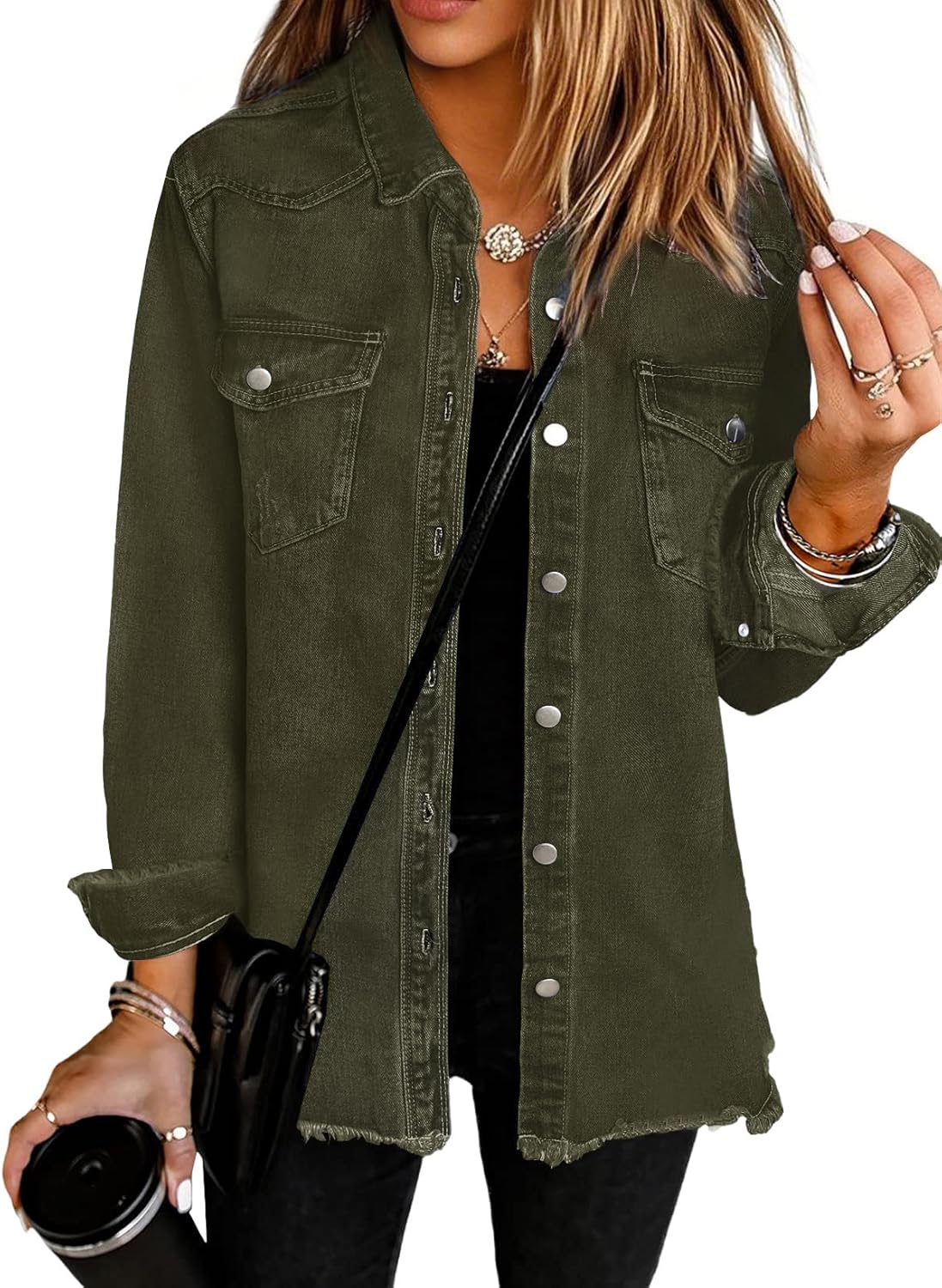 UEAL Womens Oversized Button Down Frayed Hem Denim Shacket Casual Long Sleeve Jean Jackets 2025 Spring Outfits