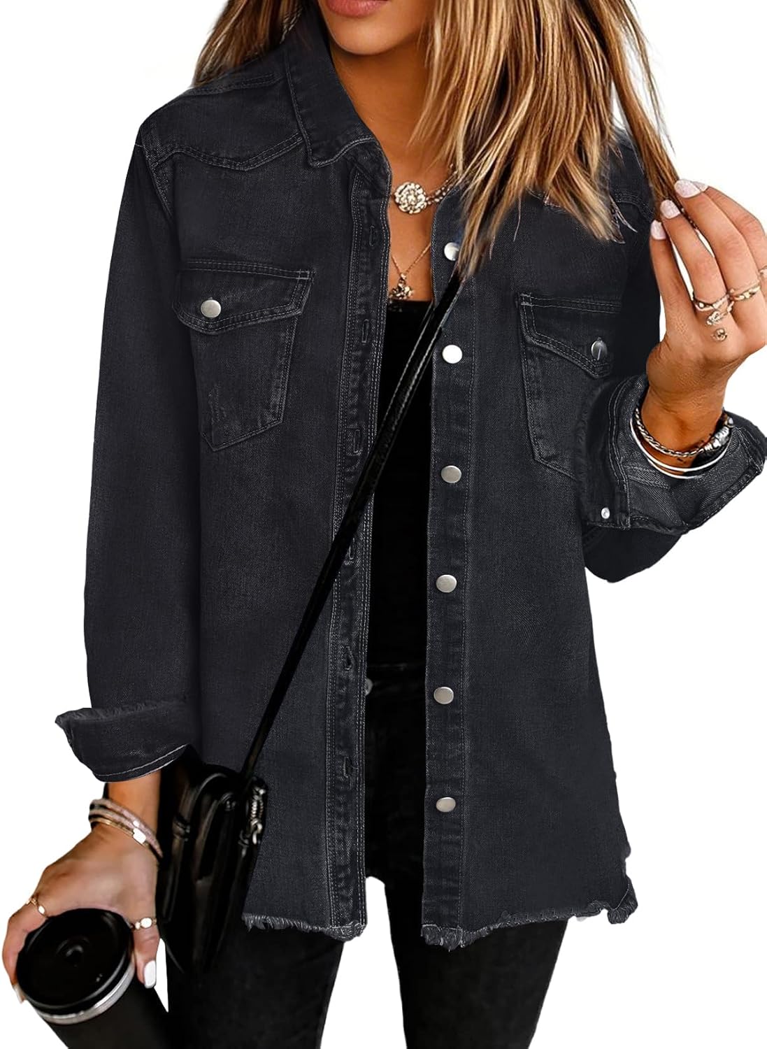 UEAL Womens Oversized Button Down Frayed Hem Denim Shacket Casual Long Sleeve Jean Jackets 2025 Spring Outfits