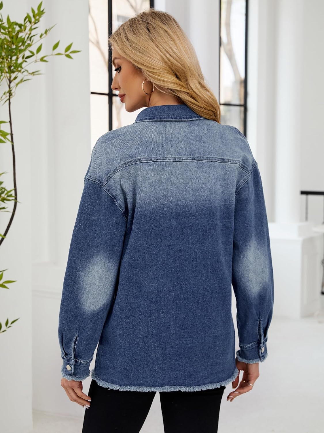 UEAL Womens Oversized Button Down Frayed Hem Denim Shacket Casual Long Sleeve Jean Jackets 2025 Spring Outfits