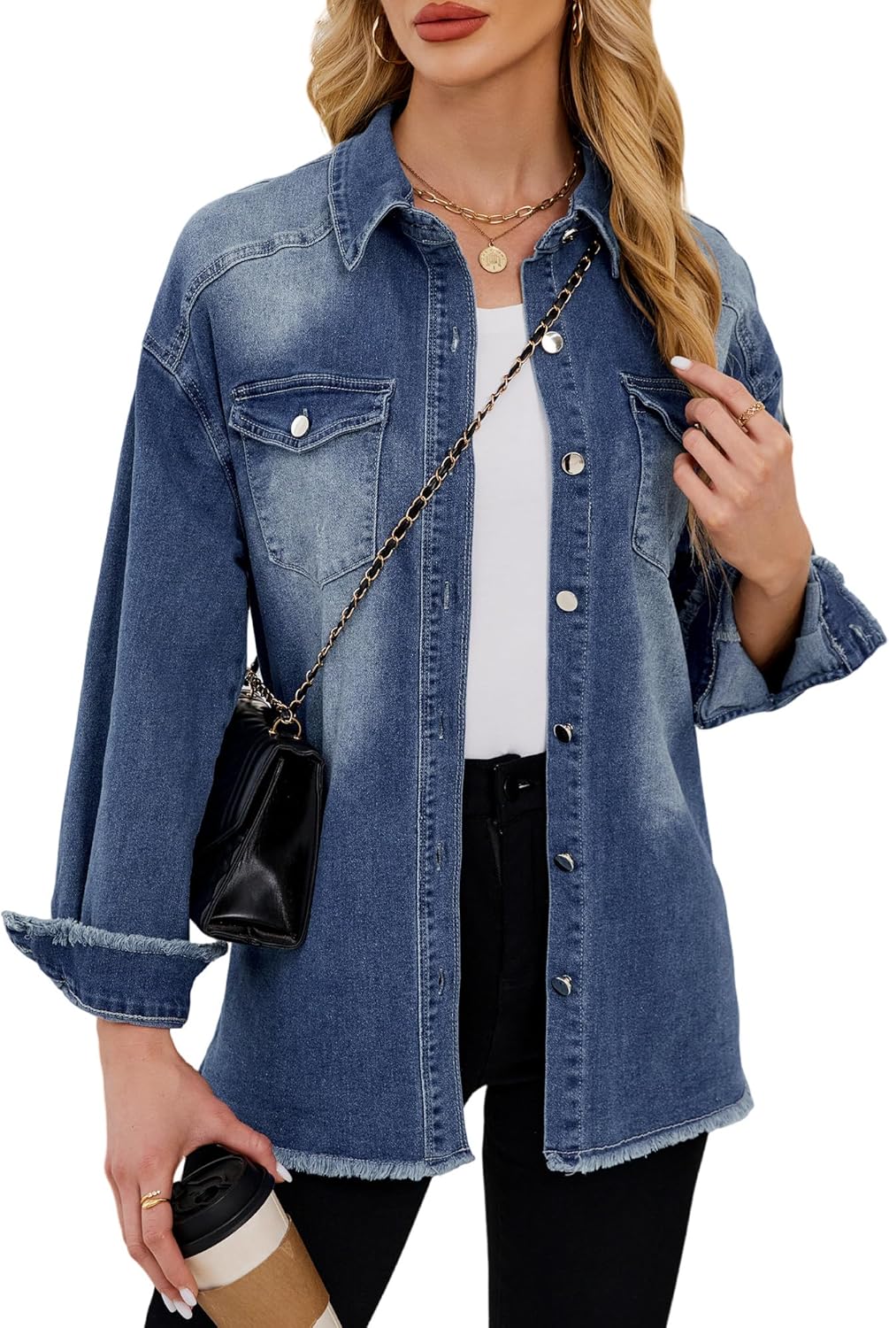 UEAL Womens Oversized Button Down Frayed Hem Denim Shacket Casual Long Sleeve Jean Jackets 2025 Spring Outfits