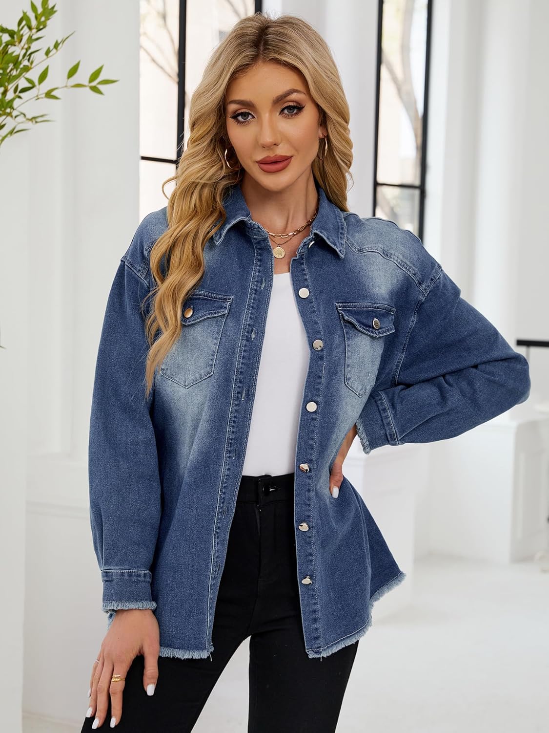 UEAL Womens Oversized Button Down Frayed Hem Denim Shacket Casual Long Sleeve Jean Jackets 2025 Spring Outfits