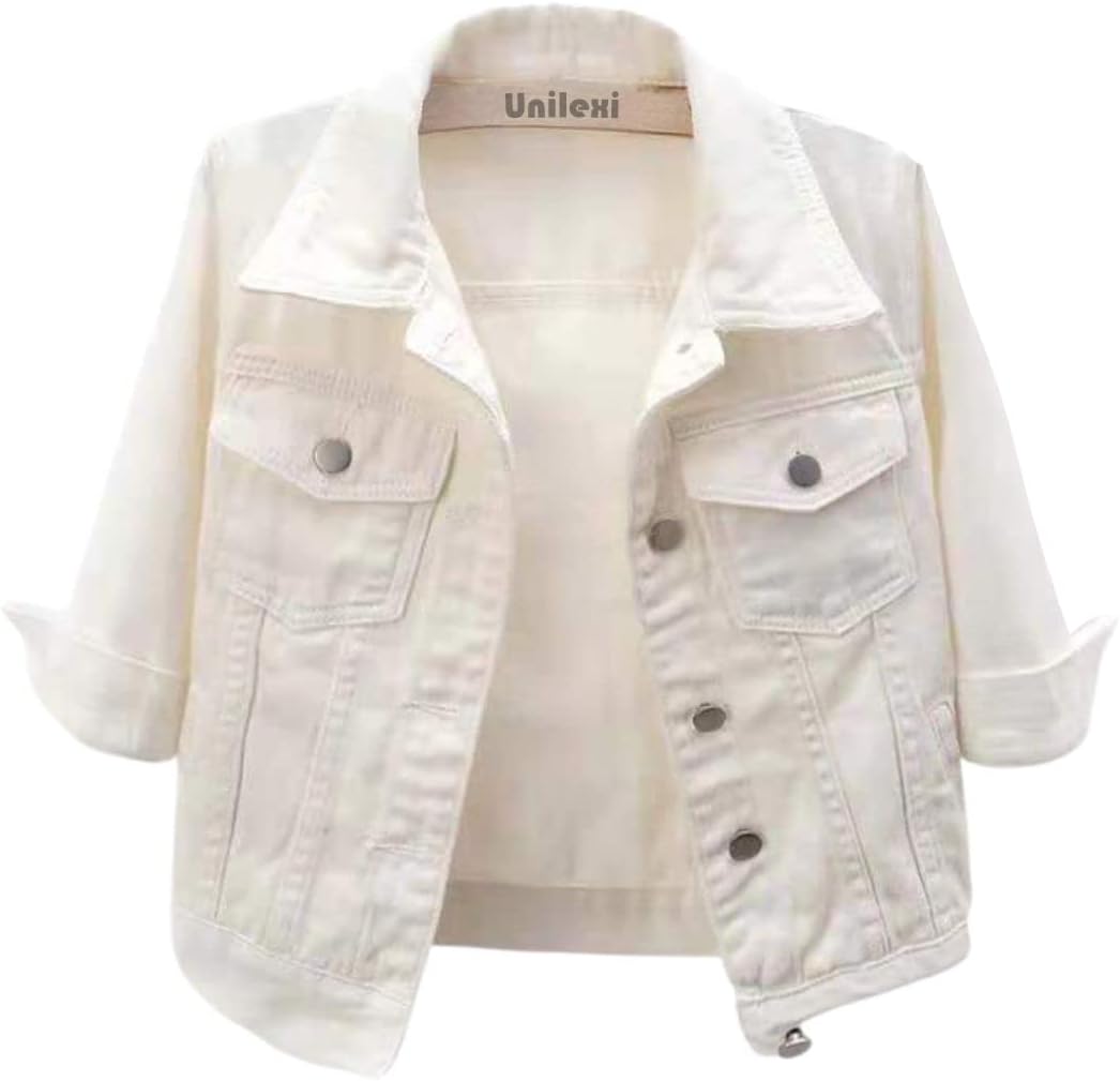 Unilexi Women’s 3\/4 Sleeve Colored Cropped Denim Jacket Light Wash Short Jean Jacket Trucker Coat
