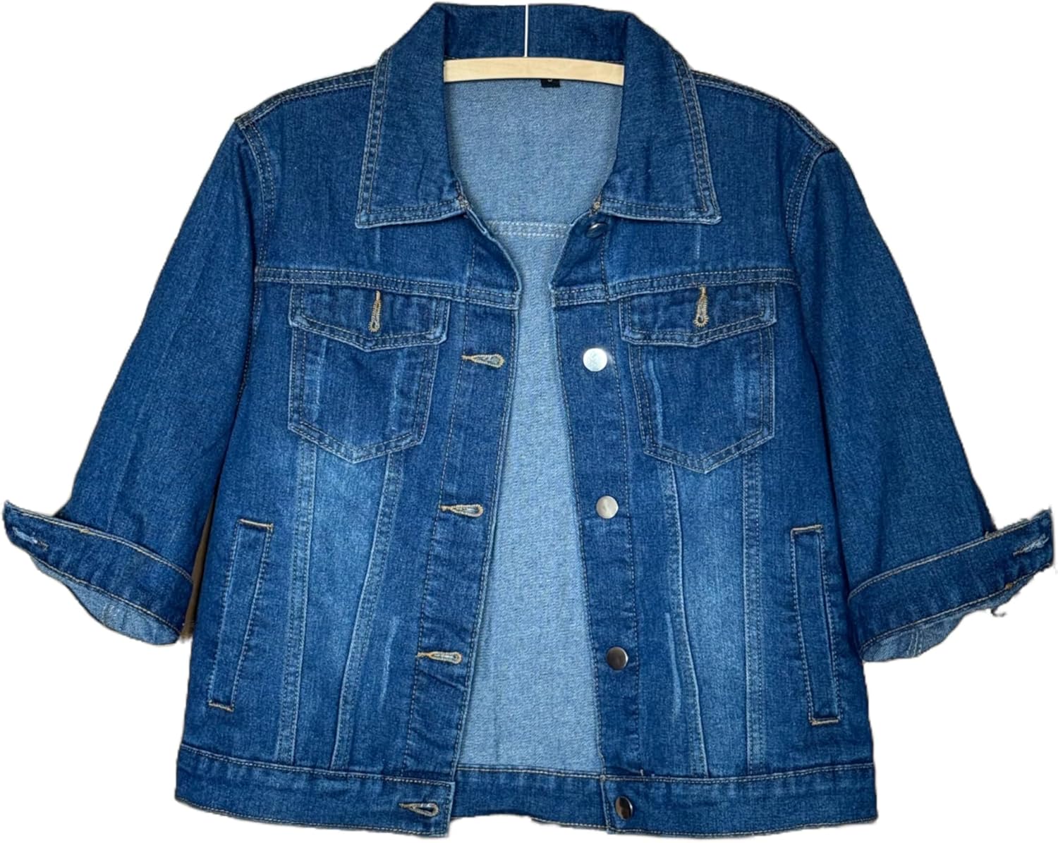 Unilexi Women’s 3\/4 Sleeve Colored Cropped Denim Jacket Light Wash Short Jean Jacket Trucker Coat