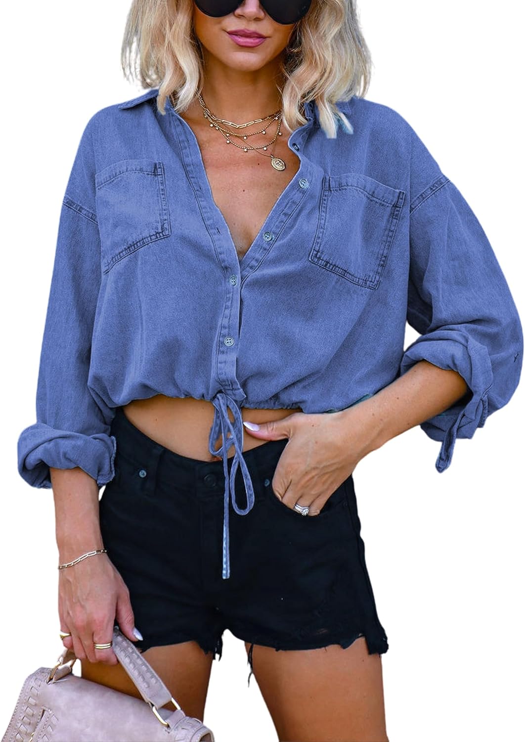 Unilexi Women’s 3\/4 Sleeve Colored Cropped Denim Jacket Light Wash Short Jean Jacket Trucker Coat