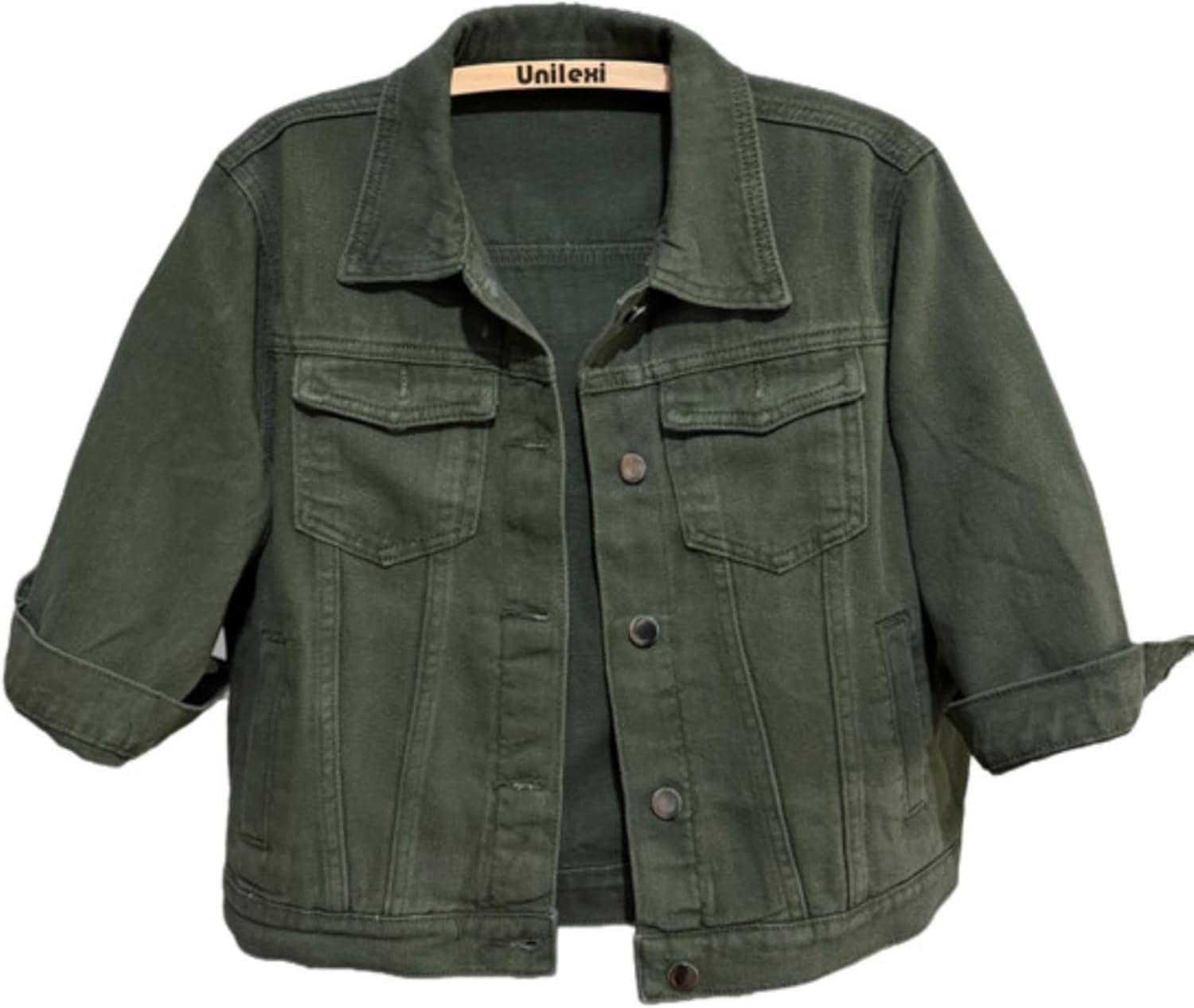 Unilexi Women’s 3\/4 Sleeve Colored Cropped Denim Jacket Light Wash Short Jean Jacket Trucker Coat