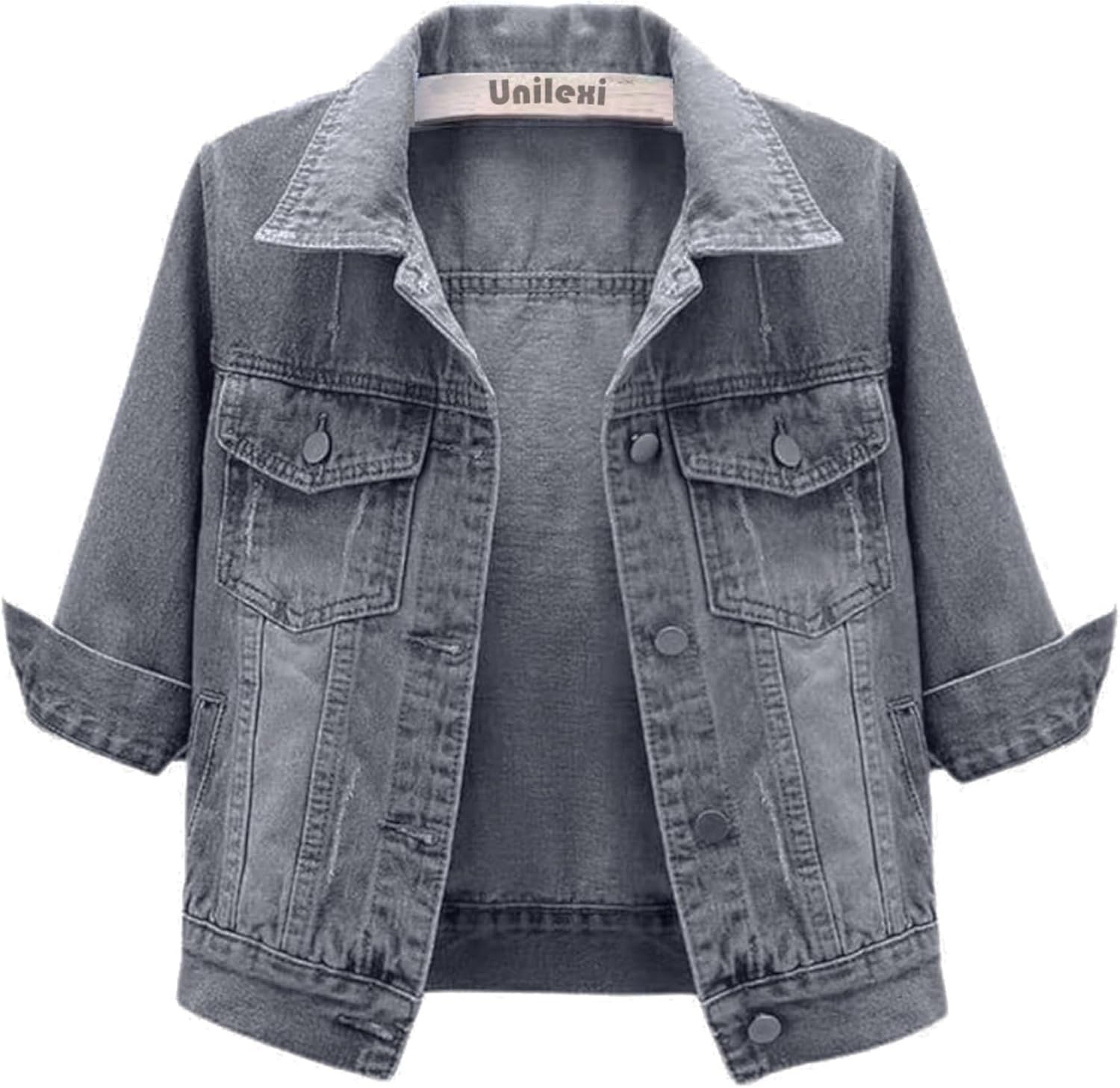 Unilexi Women’s 3\/4 Sleeve Colored Cropped Denim Jacket Light Wash Short Jean Jacket Trucker Coat