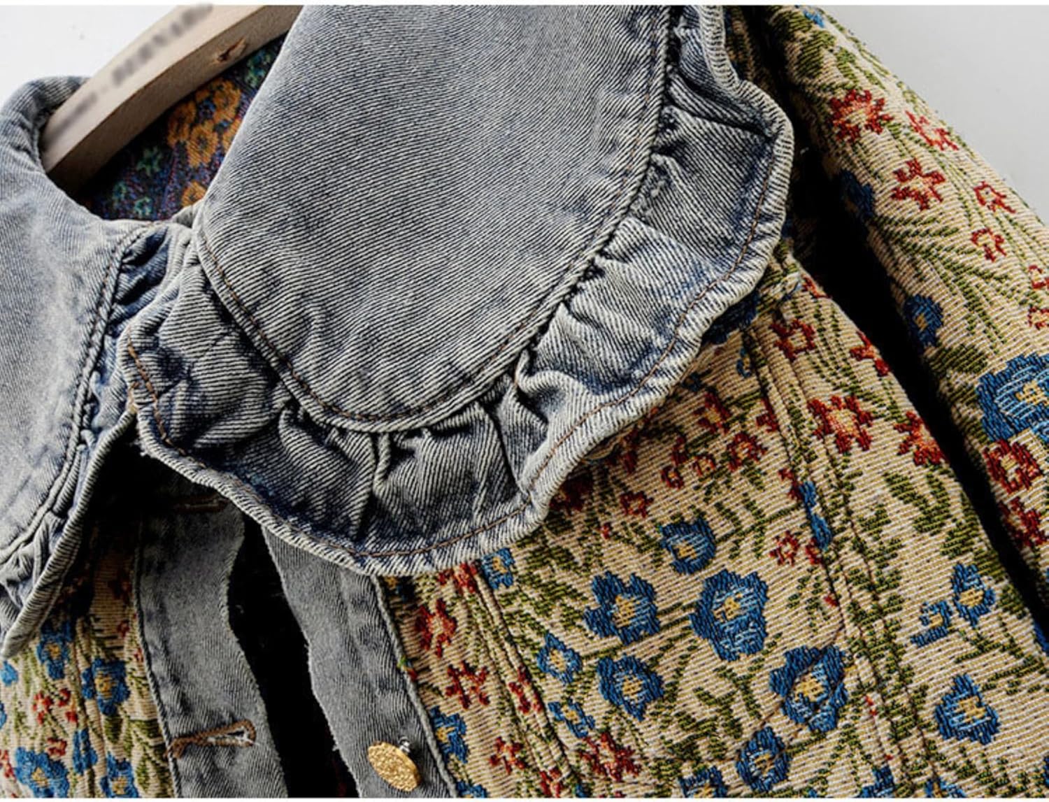 Unilexi Womens Peter pan Collar Embroidered Jean Jackets Long Sleeve Jacquard Versatile Denim Jackets