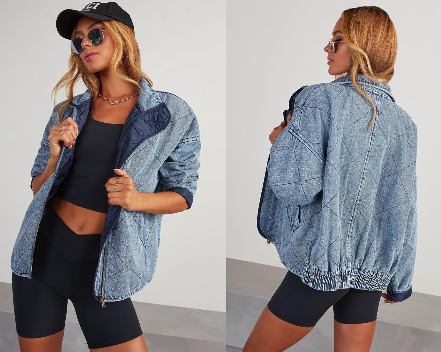 utcoco Women’s Oversized Long Sleeve Denim Jacket Casual Loose Fit Zip Up Jean Quilted Jackets Coat with Pockets