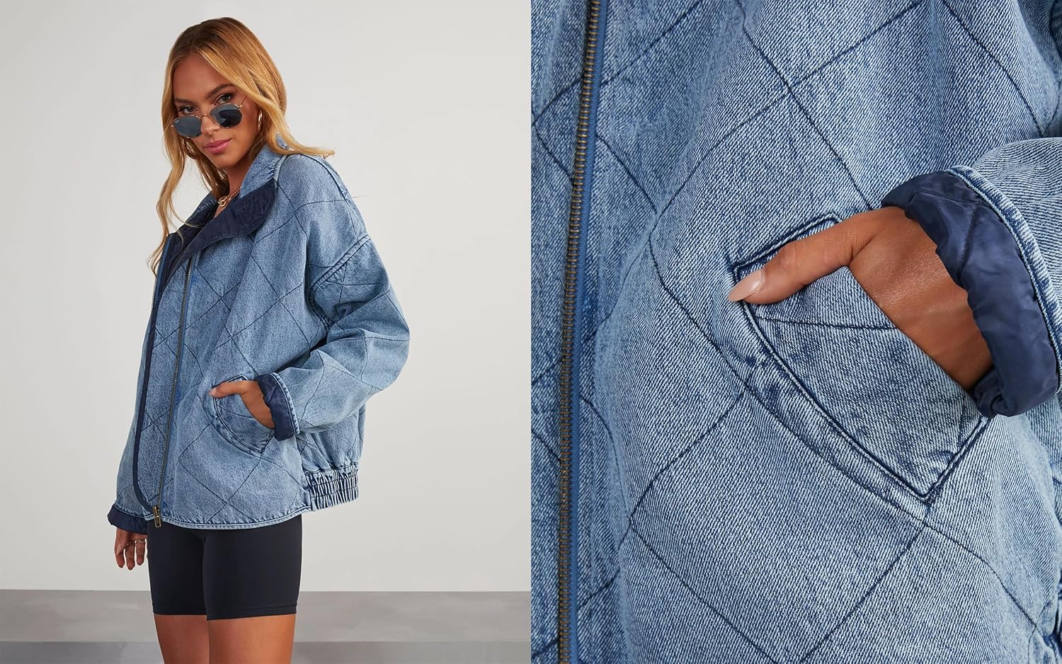 utcoco Women’s Oversized Long Sleeve Denim Jacket Casual Loose Fit Zip Up Jean Quilted Jackets Coat with Pockets