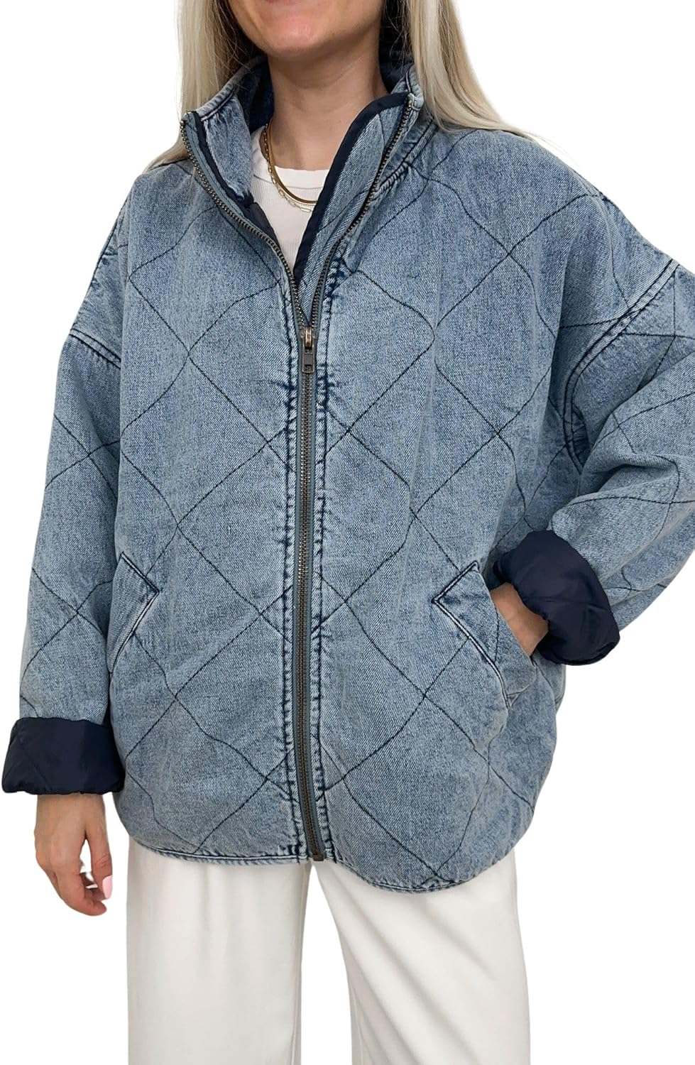 Padded denim jacket with quilted design and oversized fit, perfect for stylish winterwear.