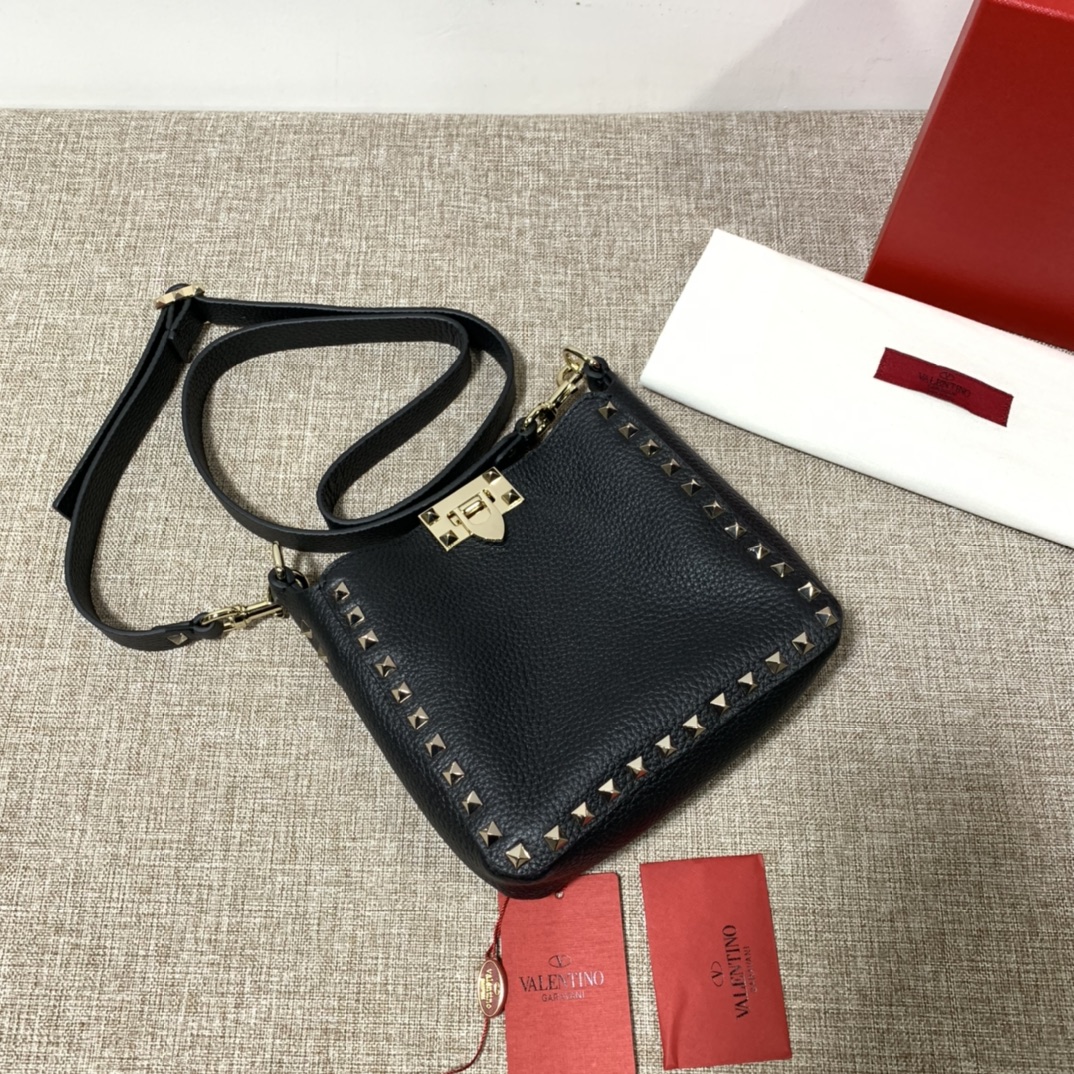 Valentino Black Pebbled Leather Rockstud Flat Hobo Bag