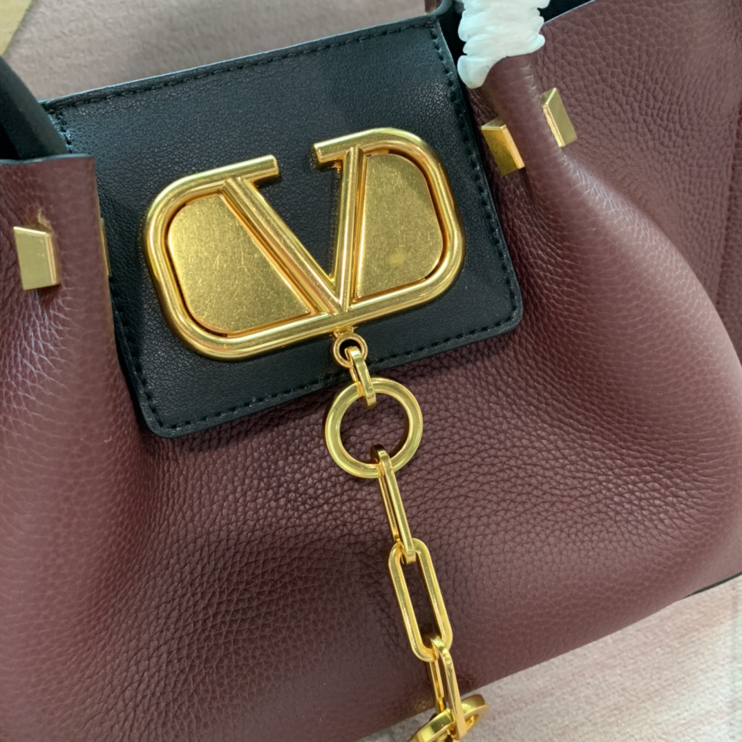 Valentino Burgundy/Black Pebbled Leather V-Logo