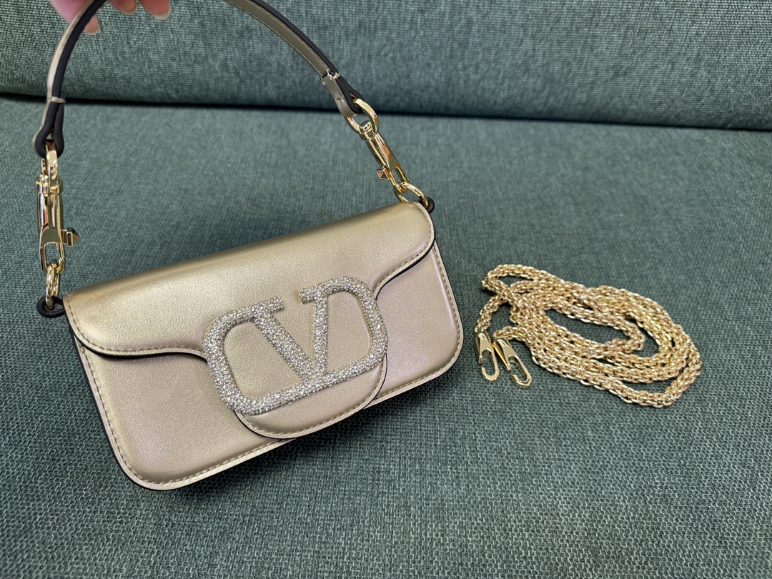 VALENTINO GARAVANI Calfskin Crystal Vlogo Small Loco Shoulder Bag Rose Cannelle