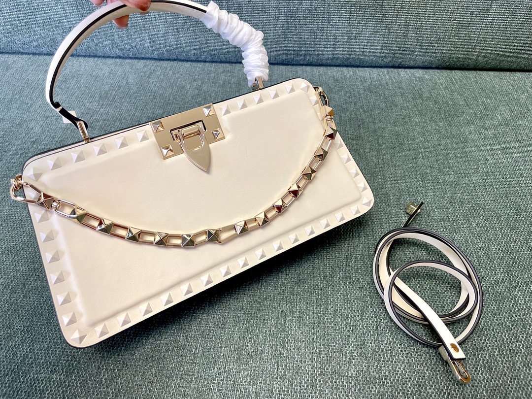 VALENTINO GARAVANI Calfskin Tonal Small Rockstud Top Handle Handbag Ivory