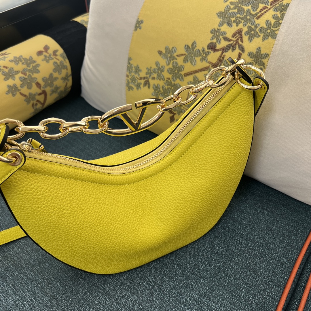 VALENTINO GARAVANI Grainy Calfskin Small Vlogo Moon Hobo YELLOW