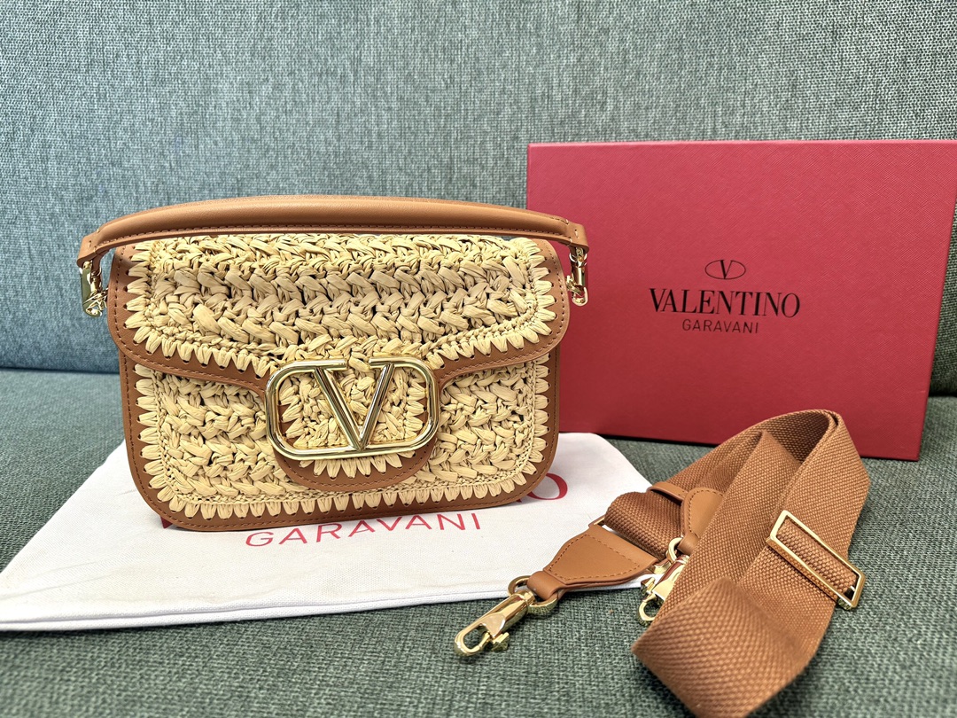 VALENTINO GARAVANI Raffia Calfskin Vlogo Alltime Shoulder Bag Natural Saddle Brown 1650988