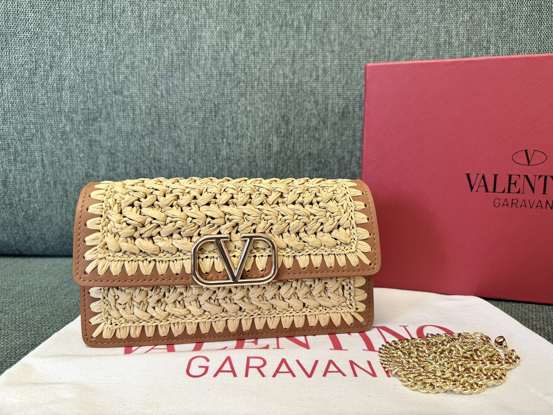 Valentino Garavani VLOGO Crochet Raffia Wallet with Chain