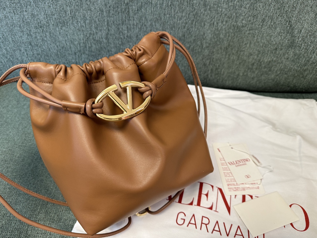 Valentino Leather VLogo Pouf - Brown Bucket Bags, Handbags