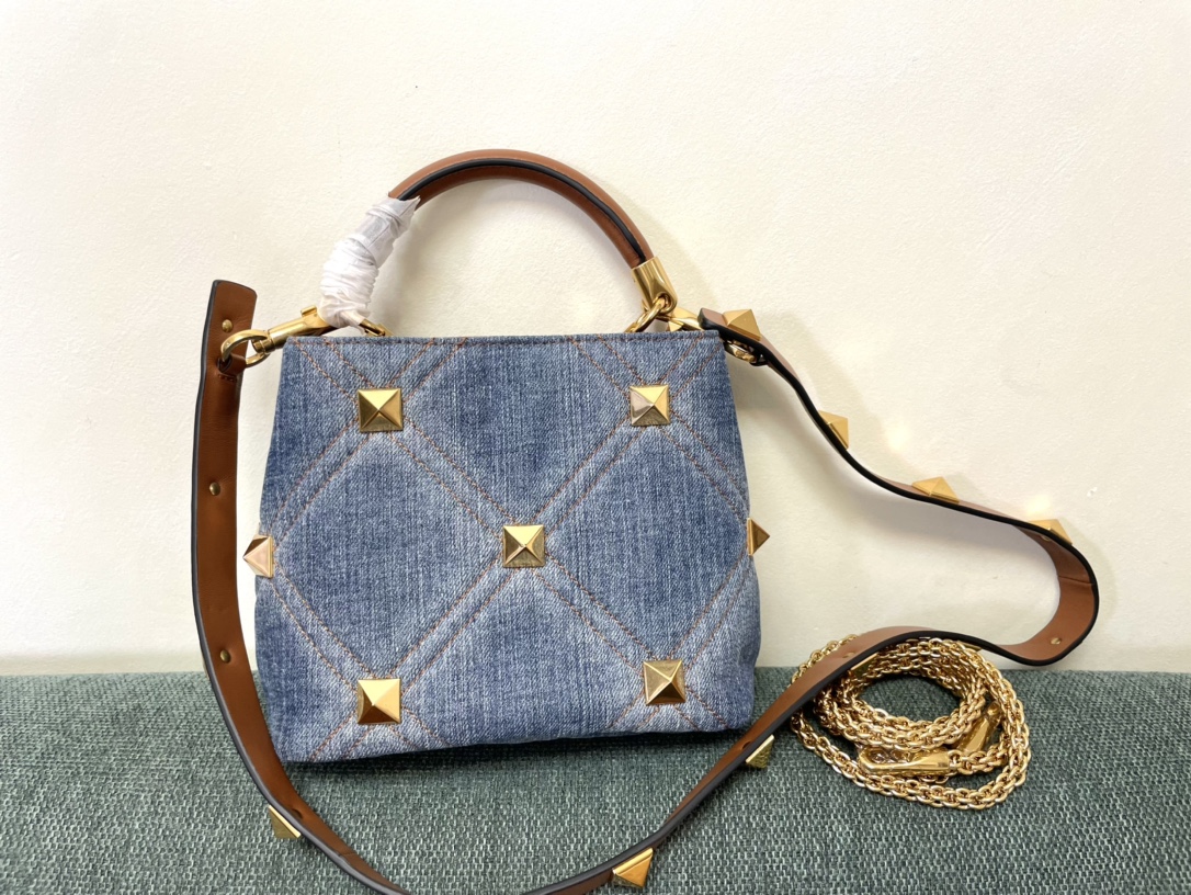 Valentino Small Roman Stud The Handle Bag In Denim for Woman in BLUE