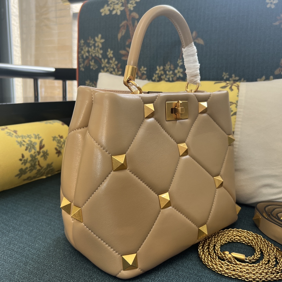 Valentino Small Roman Stud The Handle Bag in Nappa Rose