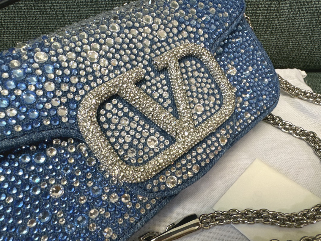 Valentino SMALL VALENTINO GARAVANI LOCÒ DENIM SHOULDER BAG WITH RHINESTONES