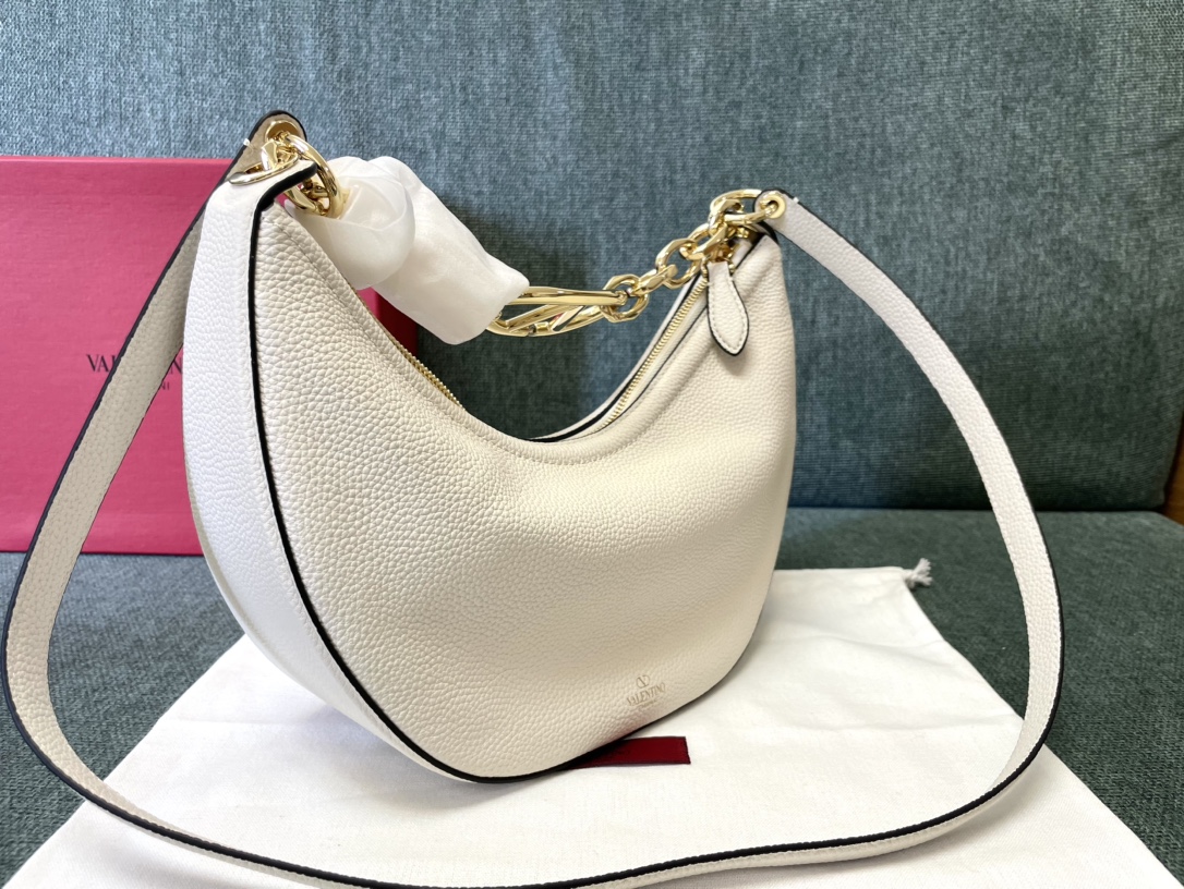 Valentino Small Vlogo Moon Hobo Bag In Grainy Calfskin With Chain for