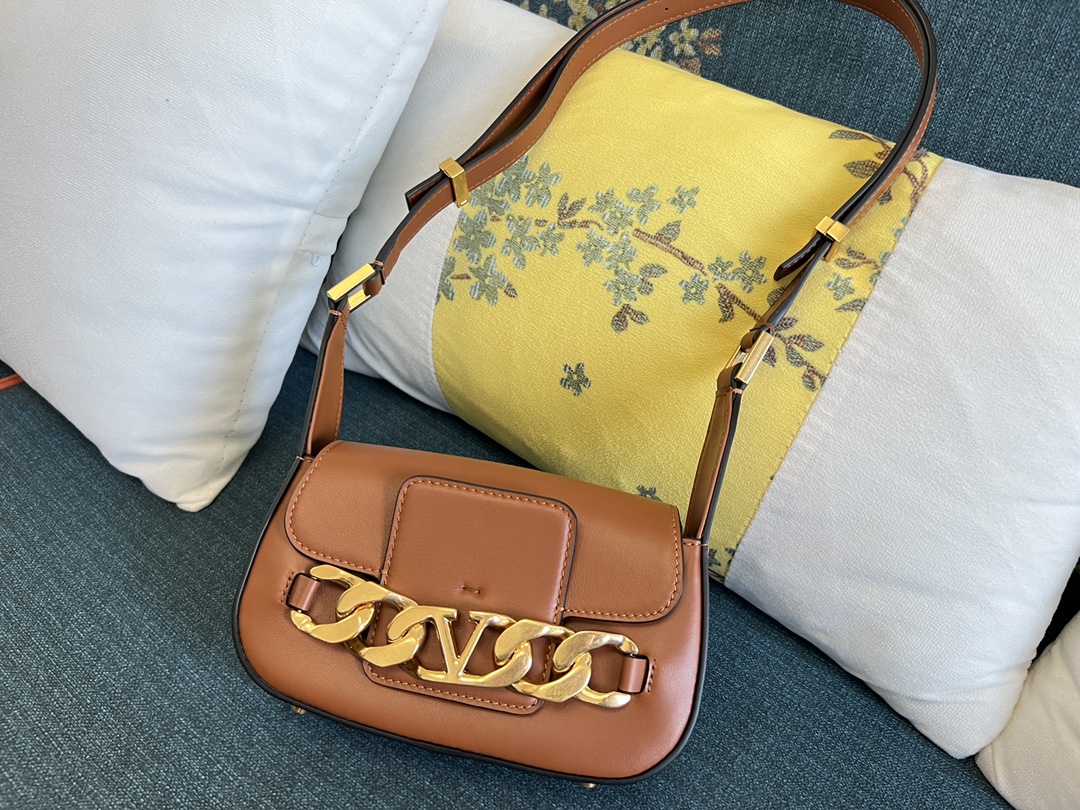 Valentino V Logo Chain Shoulder Bag, Brown